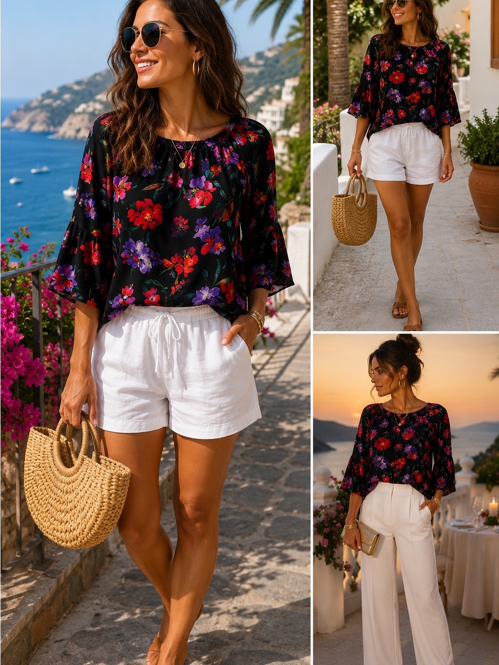 Floral Peasant Blouse - Black with Red & Purple Blooms